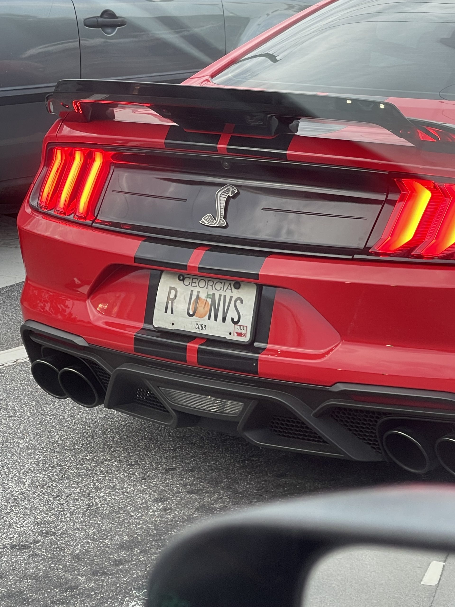 Red Ford Mustang, Cobb Plate, “ R U NVS “